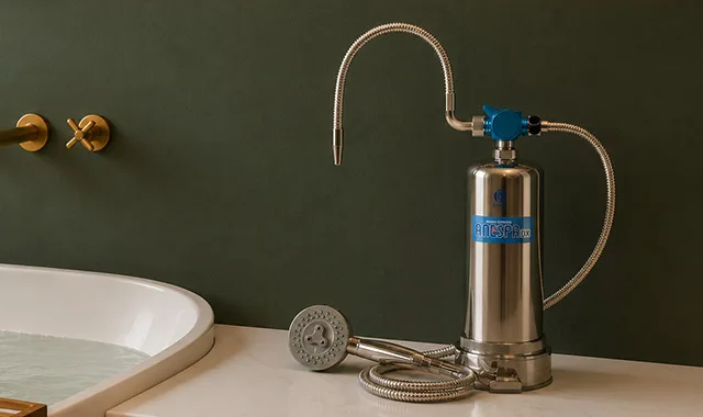 The Anespa DX installed beside a bathtub with its handheld shower